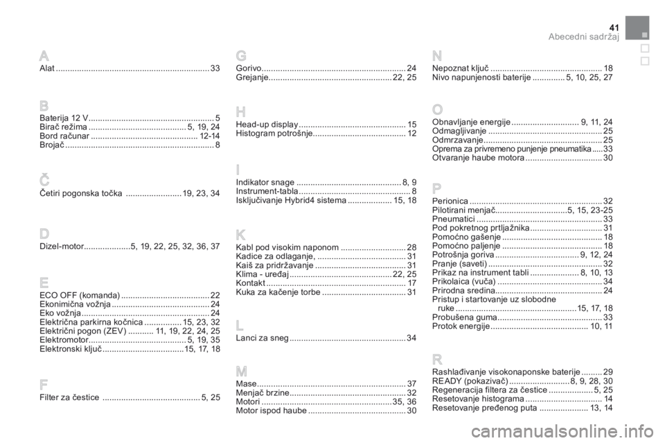 CITROEN DS5 HYBRID 2015  Priručnik (in Serbian) 41Abecedni sadržaj
DS5Hy4_sr_Chap12_index-recherche_ed01-2015
Alat ..................................................................33
Baterija 12 V .................................................