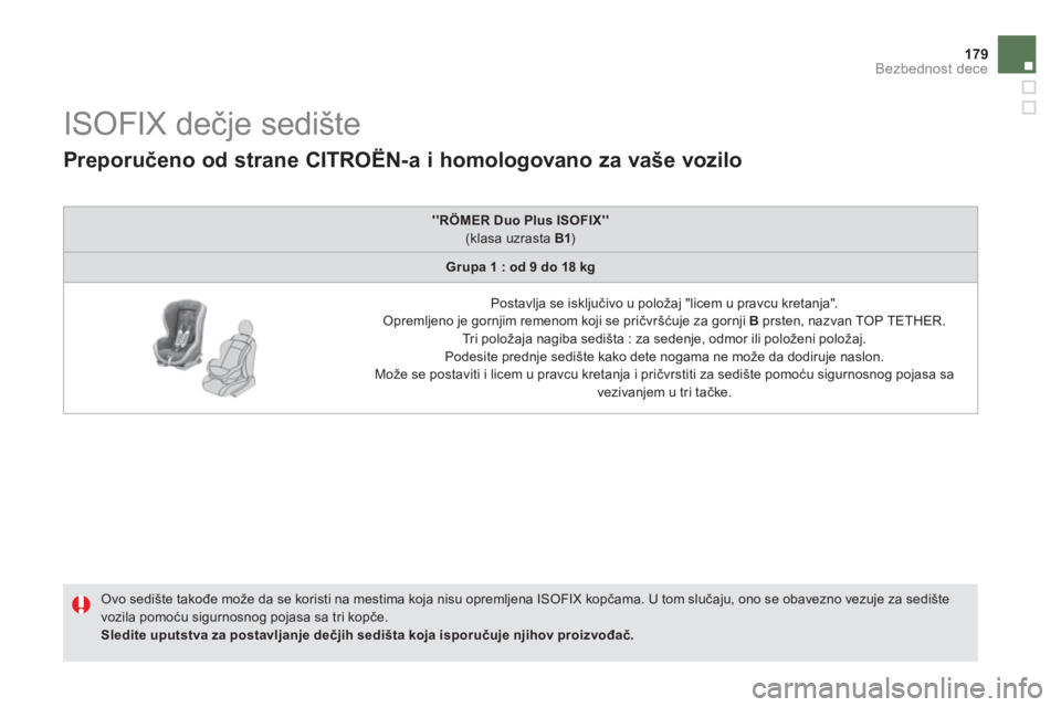 CITROEN DS5 HYBRID 2013  Priručnik (in Serbian) 179Bezbednost dece
   
 
 
 
 
 
 
 
 
 
 
 
 
 
 
ISOFIX dečje sedište 
 
 
Ovo sedište takođe može da se koristi na mestima koja nisu opremljena ISOFIX kopčama. U tom slučaju, ono se obavezno