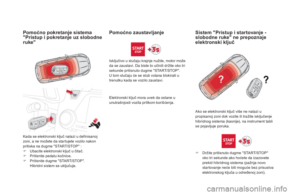 CITROEN DS5 HYBRID 2013  Priručnik (in Serbian) Pomoćno pokretanje sistema "Pristup i pokretanje uz slobodne 
ruke" 
Kada se elektronski ključ nalazi u definisanojzoni, a ne možete da star tujete vozilo nakonpritiska na dugme "START/STOP" : �)Ub