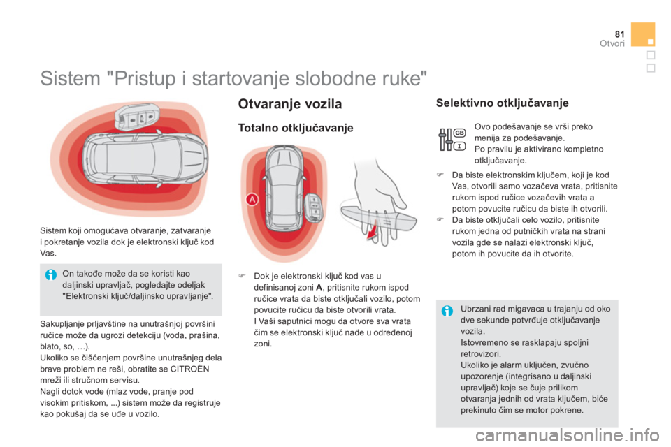 CITROEN DS5 HYBRID 2013  Priručnik (in Serbian) 81Otvori
Otvaranje vozila 
   
 
 
 
 
 
 
 
 
 
 
 
 
 
 
 
 
 
 
Sistem "Pristup i startovanje slobodne ruke" 
 
 
Sistem koji omogućava otvaranje, zatvaranje
i pokretanje vozila dok je elektronski