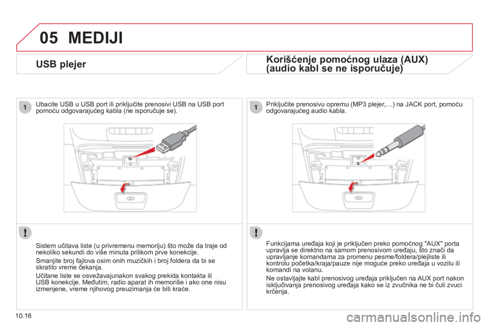 CITROEN JUMPER 2015  Priručnik (in Serbian) 05
10.16
              U S B   p l e j e r  
  Ubacite USB u USB port ili priključite prenosivi USB na USB port pomoću odgovarajućeg kabla (ne isporučuje se).  
  Sistem učitava liste (u privreme