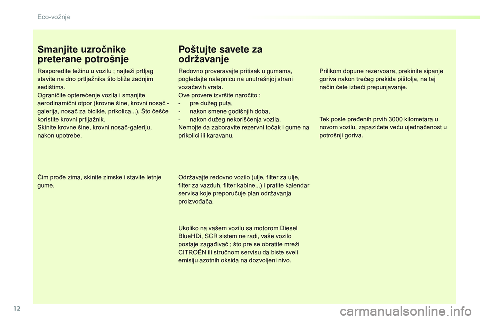 CITROEN JUMPER SPACETOURER 2017  Priručnik (in Serbian) 12
Spacetourer-VP_sr_Chap00c_eco-conduite_ed01-2016
Smanjite uzročnike 
preterane potrošnje
Rasporedite težinu u vozilu ; najteži prtljag 
s tavite na dno prtljažnika što bliže zadnjim 
sedišt