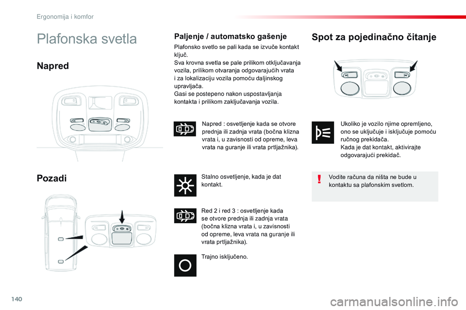 CITROEN JUMPER SPACETOURER 2017  Priručnik (in Serbian) 140
Spacetourer-VP_sr_Chap03_ergonomie-et-confort_ed01-2016
Spot za pojedinačno čitanje
PozadiPlafonska svetlaPaljenje / automatsko gašenje
Plafonsko svetlo se pali kada se izvuče kontakt 
ključ.