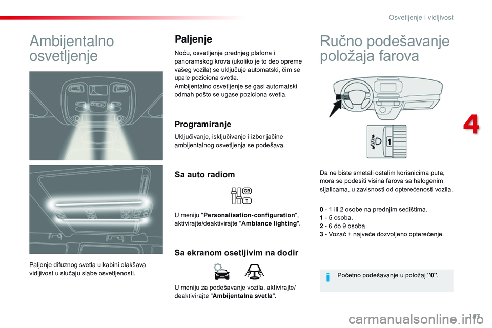 CITROEN JUMPER SPACETOURER 2017 Priručnik (in Serbian) 153
Spacetourer-VP_sr_Chap04_eclairage-et-visibilite_ed01-2016
U meniju za podešavanje vozila, aktivirajte/
deaktivirajte "Ambijentalna svetla ".
Sa ekranom osetljivim na dodirSa auto radiom
CITROEN JUMPER SPACETOURER 2017 Priručnik (in Serbian) 153
Spacetourer-VP_sr_Chap04_eclairage-et-visibilite_ed01-2016
U meniju za podešavanje vozila, aktivirajte/
deaktivirajte "Ambijentalna svetla ".
Sa ekranom osetljivim na dodirSa auto radiom