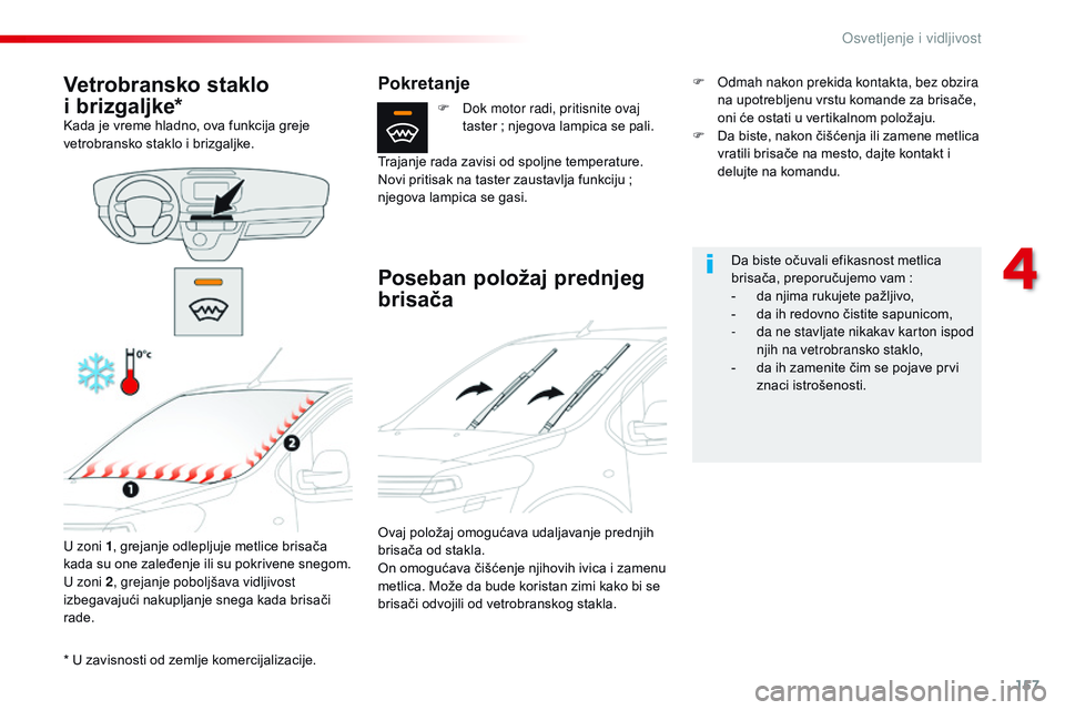 CITROEN JUMPER SPACETOURER 2017 Priručnik (in Serbian) 157
Spacetourer-VP_sr_Chap04_eclairage-et-visibilite_ed01-2016
* U zavisnosti od zemlje komercijalizacije.
Vetrobransko staklo
i
b
rizgaljke*
Kada je vreme hladno, ova funkcija greje
vetrobransko s CITROEN JUMPER SPACETOURER 2017 Priručnik (in Serbian) 157
Spacetourer-VP_sr_Chap04_eclairage-et-visibilite_ed01-2016
* U zavisnosti od zemlje komercijalizacije.
Vetrobransko staklo
i
b
rizgaljke*
Kada je vreme hladno, ova funkcija greje
vetrobransko s