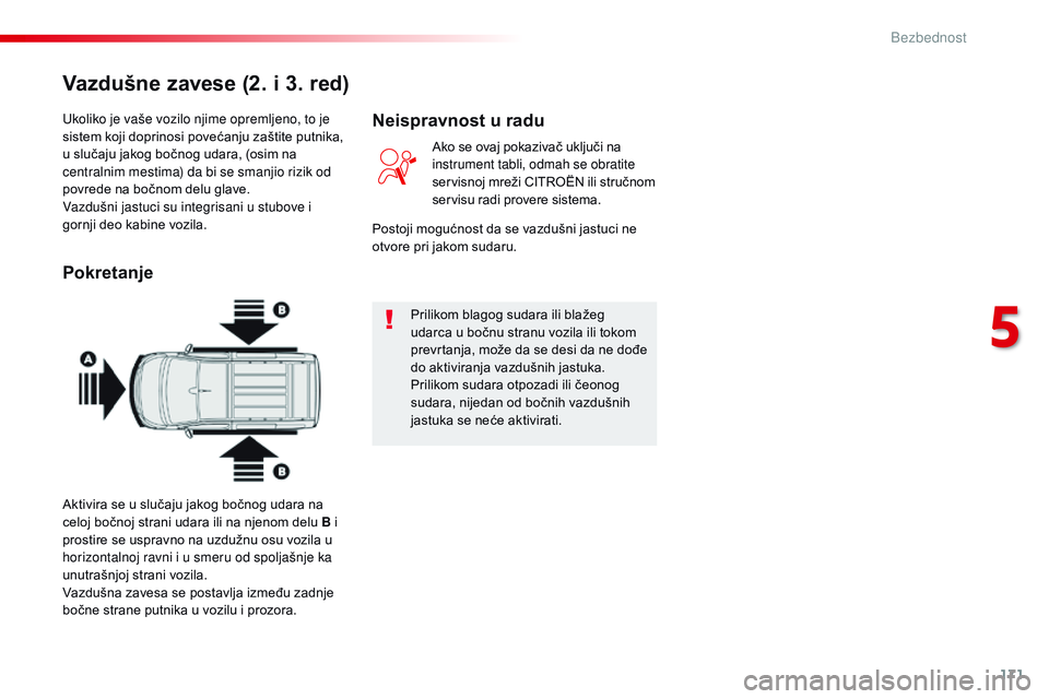 CITROEN JUMPER SPACETOURER 2017  Priručnik (in Serbian) 171
Spacetourer-VP_sr_Chap05_securite_ed01-2016
Ukoliko je vaše vozilo njime opremljeno, to je 
sistem koji doprinosi povećanju zaštite putnika, 
u slučaju jakog bočnog udara, (osim na 
centralni