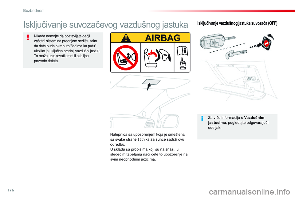 CITROEN JUMPER SPACETOURER 2017  Priručnik (in Serbian) 176
Spacetourer-VP_sr_Chap05_securite_ed01-2016
Isključivanje vazdušnog jastuka suvozača (OFF)
Za više informacija o Vazdušnim 
jastucima, pogledajte odgovarajući 
odeljak.
Isključivanje suvoza
