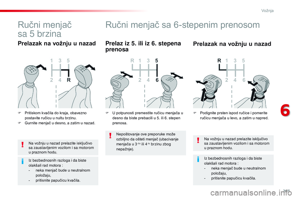 CITROEN JUMPER SPACETOURER 2017  Priručnik (in Serbian) 203
Spacetourer-VP_sr_Chap06_conduite_ed01-2016
Na vožnju u nazad prelazite isključivo 
sa zaustavljenim vozilom i sa motorom 
u praznom hodu.
Iz bezbednosnih razloga i da biste 
olakšali rad motor