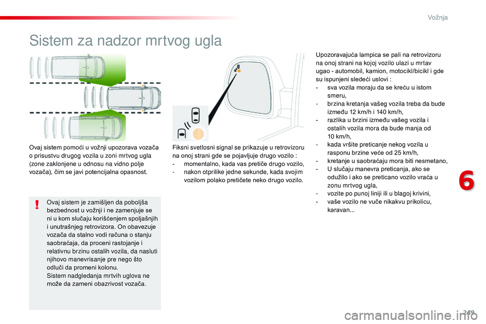 CITROEN JUMPER SPACETOURER 2017 Priručnik (in Serbian) 249
Spacetourer-VP_sr_Chap06_conduite_ed01-2016
Sistem za nadzor mrtvog ugla
Fiksni svetlosni signal se prikazuje u retrovizoru
na onoj strani gde se pojavljuje drugo vozilo :
-
m
omentalno, kada CITROEN JUMPER SPACETOURER 2017 Priručnik (in Serbian) 249
Spacetourer-VP_sr_Chap06_conduite_ed01-2016
Sistem za nadzor mrtvog ugla
Fiksni svetlosni signal se prikazuje u retrovizoru
na onoj strani gde se pojavljuje drugo vozilo :
-
m
omentalno, kada