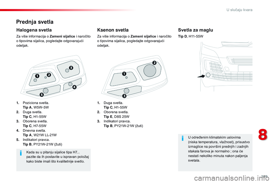 CITROEN JUMPER SPACETOURER 2017 Priručnik (in Serbian) 299
Spacetourer-VP_sr_Chap08_En-cas-de-panne_ed01-2016
Prednja svetla
Ksenon svetla
Za više informacija o Zameni sijalice i naročito
o tipovima sijalica, pogledajte odgovarajući
odeljak.
Halogena CITROEN JUMPER SPACETOURER 2017 Priručnik (in Serbian) 299
Spacetourer-VP_sr_Chap08_En-cas-de-panne_ed01-2016
Prednja svetla
Ksenon svetla
Za više informacija o Zameni sijalice i naročito
o tipovima sijalica, pogledajte odgovarajući
odeljak.
Halogena