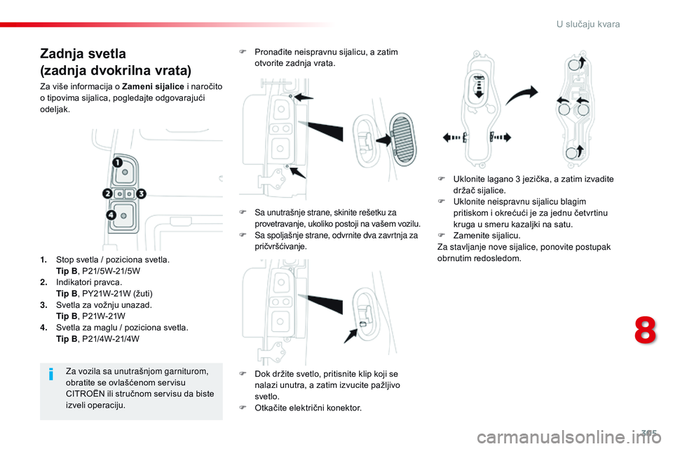 CITROEN JUMPER SPACETOURER 2017 Priručnik (in Serbian) 305
Spacetourer-VP_sr_Chap08_En-cas-de-panne_ed01-2016
Zadnja svetla
(zadnja dvokrilna vrata)
Za više informacija o Zameni sijalice i naročito
o tipovima sijalica, pogledajte odgovarajući
odeljak CITROEN JUMPER SPACETOURER 2017 Priručnik (in Serbian) 305
Spacetourer-VP_sr_Chap08_En-cas-de-panne_ed01-2016
Zadnja svetla
(zadnja dvokrilna vrata)
Za više informacija o Zameni sijalice i naročito
o tipovima sijalica, pogledajte odgovarajući
odeljak