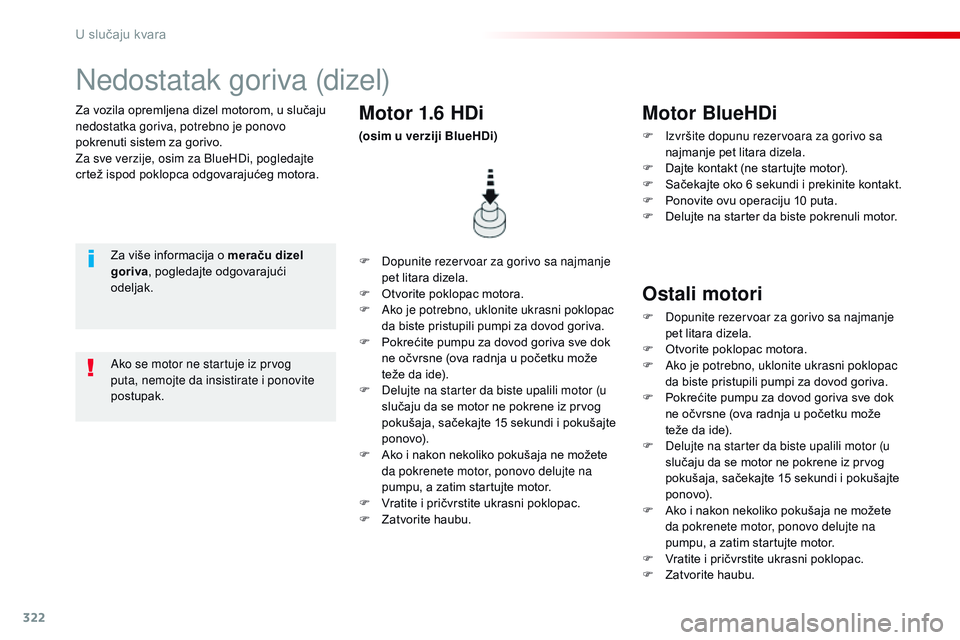 CITROEN JUMPER SPACETOURER 2017 Priručnik (in Serbian) 322
Spacetourer-VP_sr_Chap08_En-cas-de-panne_ed01-2016
Za vozila opremljena dizel motorom, u slučaju
nedostatka goriva, potrebno je ponovo
pokrenuti sistem za gorivo.
Za sve verzije, osim za BlueHD CITROEN JUMPER SPACETOURER 2017 Priručnik (in Serbian) 322
Spacetourer-VP_sr_Chap08_En-cas-de-panne_ed01-2016
Za vozila opremljena dizel motorom, u slučaju
nedostatka goriva, potrebno je ponovo
pokrenuti sistem za gorivo.
Za sve verzije, osim za BlueHD