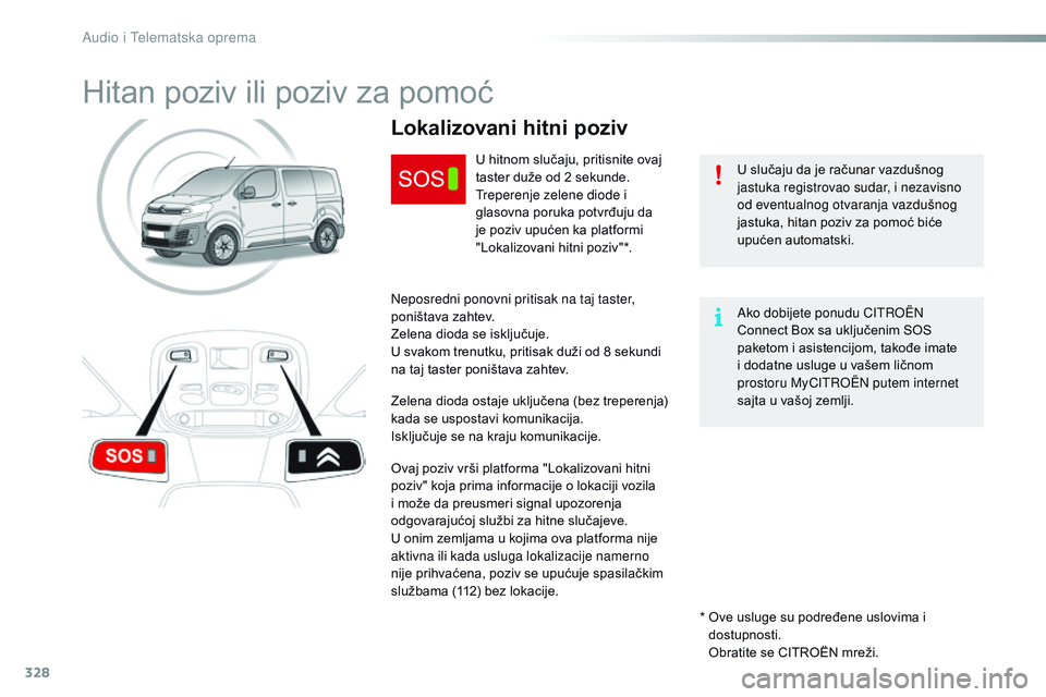 CITROEN JUMPER SPACETOURER 2017 Priručnik (in Serbian) 328
Spacetourer-VP_sr_Chap10a_BTA_ed01-2016
Hitan poziv ili poziv za pomoć
U slučaju da je računar vazdušnog
jastuka registrovao sudar, i nezavisno
od eventualnog otvaranja vazdušnog
jastuka, CITROEN JUMPER SPACETOURER 2017 Priručnik (in Serbian) 328
Spacetourer-VP_sr_Chap10a_BTA_ed01-2016
Hitan poziv ili poziv za pomoć
U slučaju da je računar vazdušnog
jastuka registrovao sudar, i nezavisno
od eventualnog otvaranja vazdušnog
jastuka,