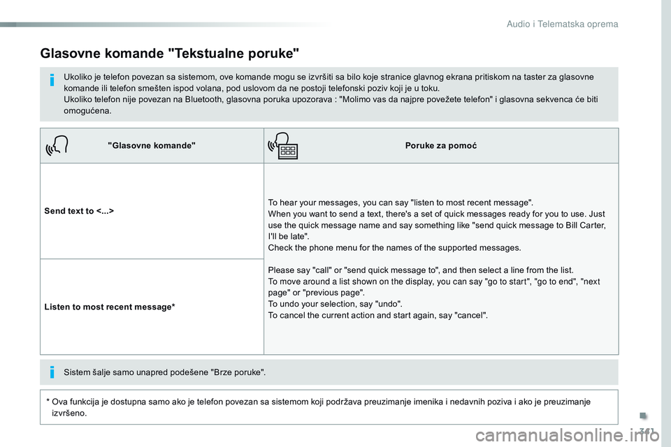 CITROEN JUMPER SPACETOURER 2017 Priručnik (in Serbian) 341
Spacetourer-VP_sr_Chap10b_NAC-1_ed01-2016
"Glasovne komande"Poruke za pomoć
Send text to <...> To hear your messages, you can say "listen to most recent message".
When you want CITROEN JUMPER SPACETOURER 2017 Priručnik (in Serbian) 341
Spacetourer-VP_sr_Chap10b_NAC-1_ed01-2016
"Glasovne komande"Poruke za pomoć
Send text to <...> To hear your messages, you can say "listen to most recent message".
When you want