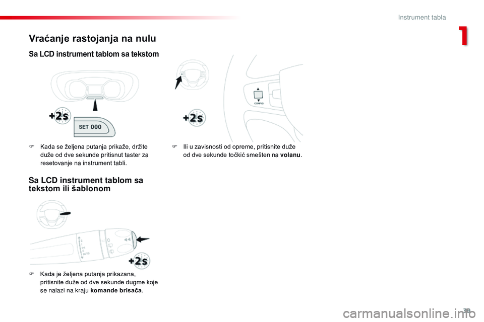 CITROEN JUMPER SPACETOURER 2017 Priručnik (in Serbian) 39
Spacetourer-VP_sr_Chap01_instruments-de-bord_ed01-2016
Vraćanje rastojanja na nulu
Sa LCD instrument tablom sa tekstom
F Kada je željena putanja prikazana, pritisnite duže od dve sekunde dugme k CITROEN JUMPER SPACETOURER 2017 Priručnik (in Serbian) 39
Spacetourer-VP_sr_Chap01_instruments-de-bord_ed01-2016
Vraćanje rastojanja na nulu
Sa LCD instrument tablom sa tekstom
F Kada je željena putanja prikazana, pritisnite duže od dve sekunde dugme k