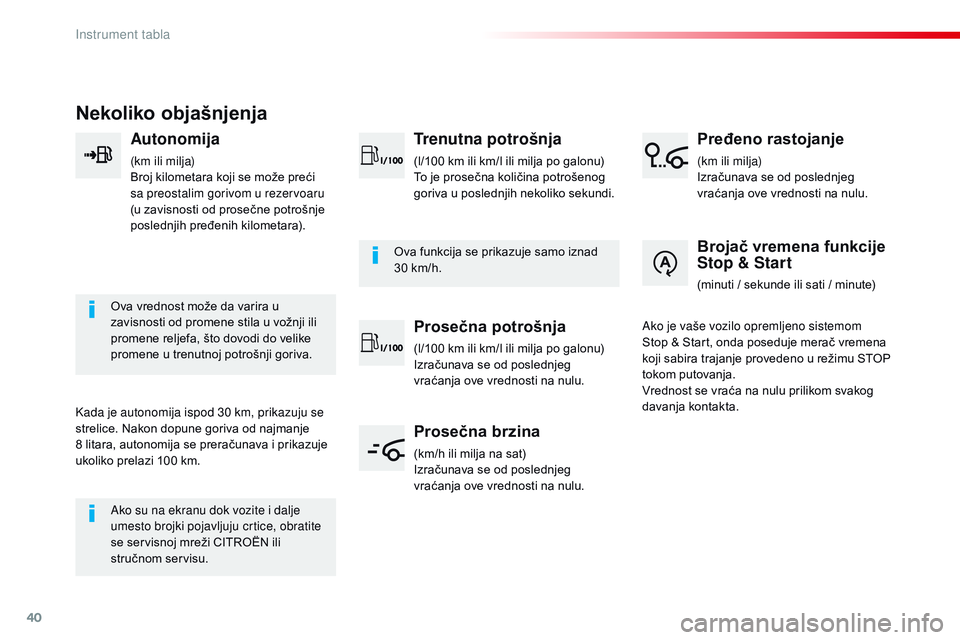 CITROEN JUMPER SPACETOURER 2017 Priručnik (in Serbian) 40
Nekoliko objašnjenja
Autonomija
(km ili milja)
Broj kilometara koji se može preći
sa preostalim gorivom u rezervoaru
(u zavisnosti od prosečne potrošnje
poslednjih pređenih kilometara).
Ov CITROEN JUMPER SPACETOURER 2017 Priručnik (in Serbian) 40
Nekoliko objašnjenja
Autonomija
(km ili milja)
Broj kilometara koji se može preći
sa preostalim gorivom u rezervoaru
(u zavisnosti od prosečne potrošnje
poslednjih pređenih kilometara).
Ov