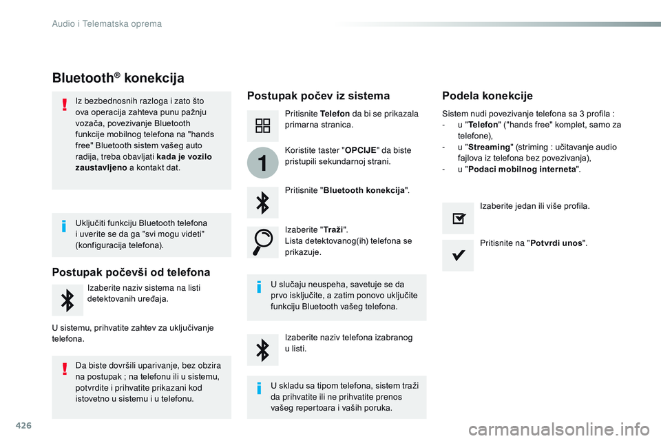CITROEN JUMPER SPACETOURER 2017  Priručnik (in Serbian) 426
1
Spacetourer-VP_sr_Chap10c_RCC-1_ed01-2016
Bluetooth® konekcija
Postupak počev iz sistemaPodela konekcije
Pritisnite Telefon da bi se prikazala 
primarna stranica.
Pritisnite " Bluetooth ko