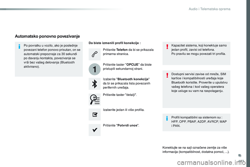 CITROEN JUMPER SPACETOURER 2017  Priručnik (in Serbian) 453
1
Spacetourer-VP_sr_Chap10c_RCC-1_ed01-2016
Pritisnite Telefon da bi se prikazala 
primarna stranica.
Izaberite " Bluetooth konekcija " 
da bi se prikazala lista povezanih 
perifernih ure