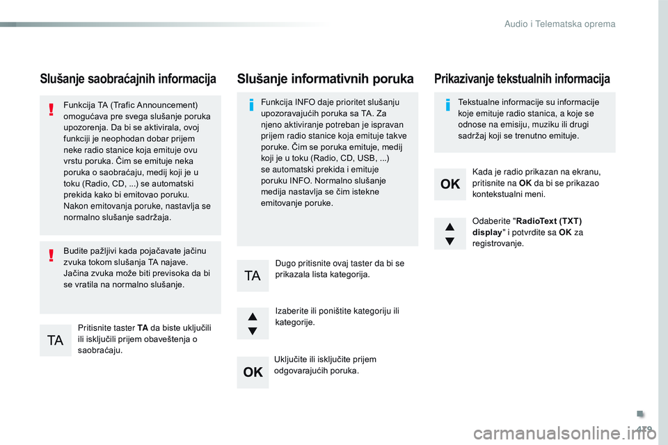 CITROEN JUMPER SPACETOURER 2017  Priručnik (in Serbian) 479
Spacetourer-VP_sr_Chap10d_RD6_ed01-2016
Slušanje saobraćajnih informacija
Pritisnite taster TA da biste uključili 
ili isključili prijem obaveštenja o 
saobraćaju.
Funkcija TA (Trafic Announ