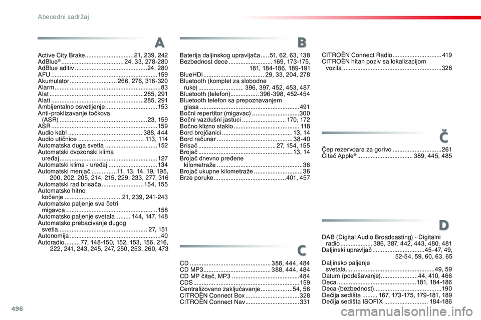 CITROEN JUMPER SPACETOURER 2017  Priručnik (in Serbian) 496
Spacetourer-VP_sr_Chap11_index-alpha_ed01-2016
Active City Brake .............................2 1, 239, 242
AdBlue® ............................... ...... 24, 33, 278 -280
AdBlue aditiv .........