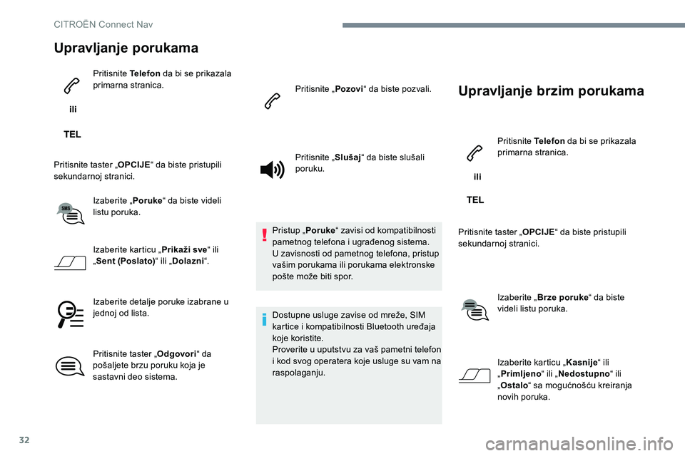 CITROEN JUMPER SPACETOURER 2017  Priručnik (in Serbian) 32
Upravljanje porukama
 ili Pritisnite Telefon
 da bi se prikazala 
primarna stranica.
Pritisnite taster „ OPCIJE“ da biste pristupili 
sekundarnoj stranici.
Izaberite „ Poruke“ da biste vide