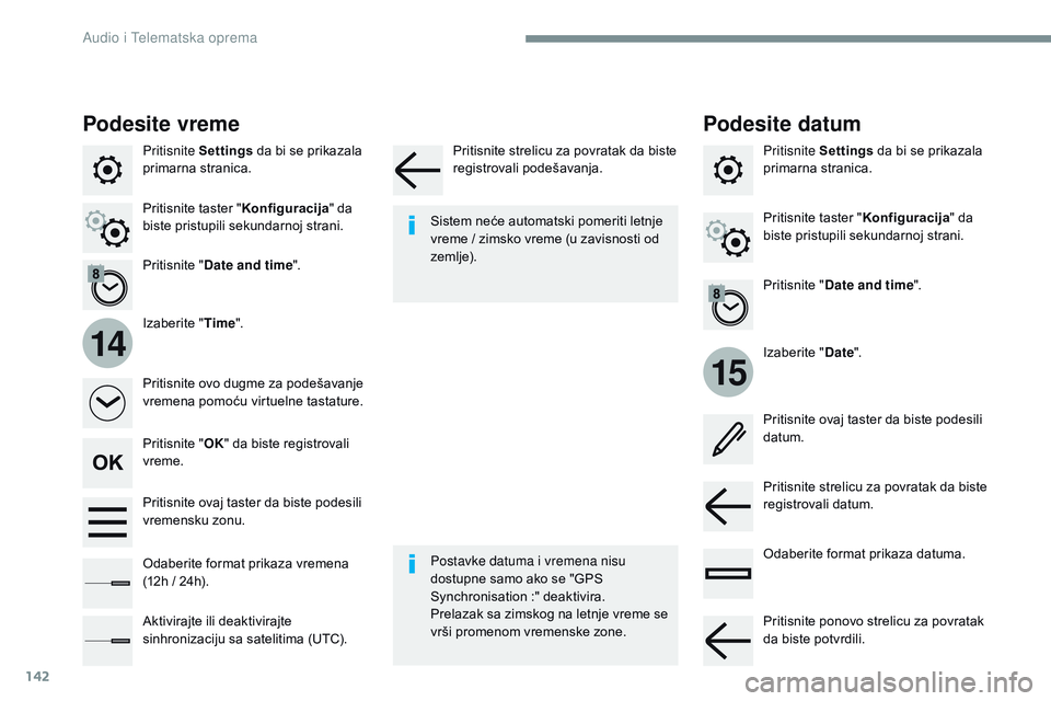 CITROEN JUMPER SPACETOURER 2017  Priručnik (in Serbian) 142
15
14
Transversal-Citroen_sr_Chap02_RCC-2-2-0_ed01-2016
Pritisnite Settings	da 	 bi 	 se 	 prikazala 	p
rimarna	s tranica.
Izaberite
	 "Date ".
Izaberite
	 "Time ".
Pritisnite
	