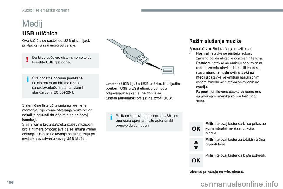 CITROEN JUMPER SPACETOURER 2017  Priručnik (in Serbian) 156
Medij
USB utičnica
Ovo	kućište	se	sastoji	od	USB	ulaza	i	jack	priključka, 	 u 	 zavisnosti 	 od 	 verzije.
Umetnite
	 USB 	 ključ 	 u 	 USB 	 utičnicu 	 ili 	 uključite 	
p

eriferni 	 USB 