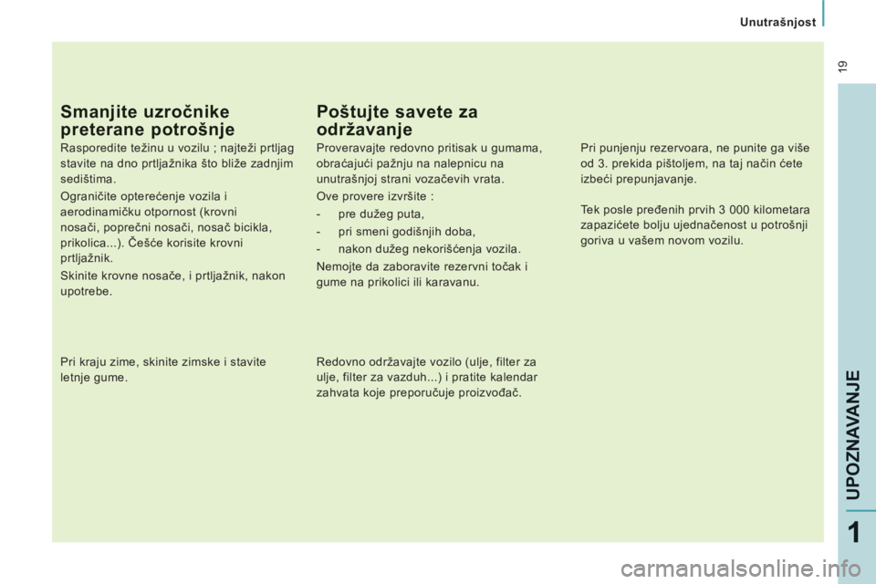 CITROEN JUMPER MULTISPACE 2013  Priručnik (in Serbian)  19
   
 
Unutrašnjost
UPOZNAVANJE
1
Smanjite uzročnike
preterane potrošnje
 
 
Rasporedite težinu u vozilu ; najteži prtljag 
stavite na dno prtljažnika što bliže zadnjim 
sedištima. 
  Ogra