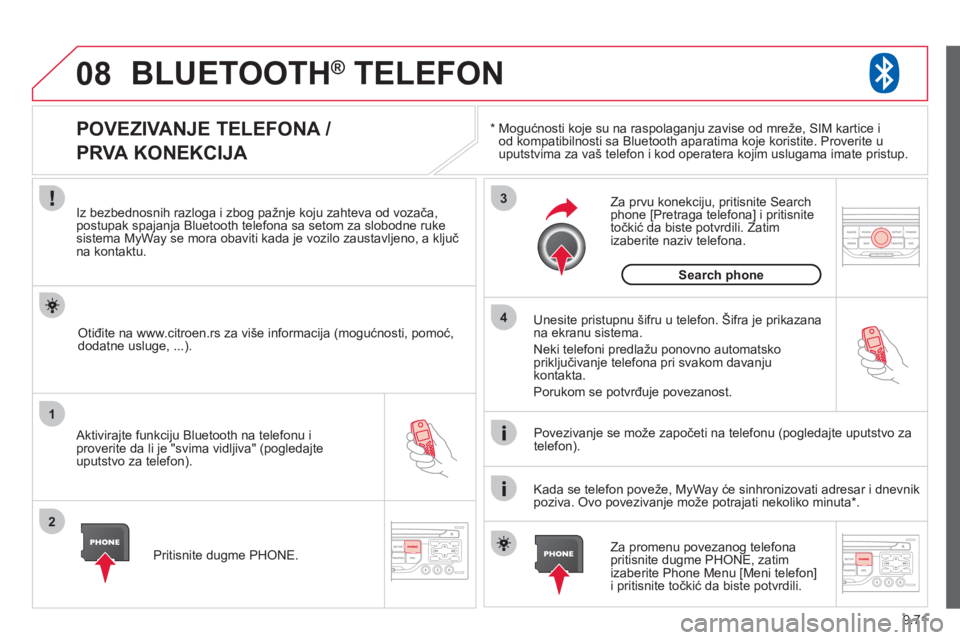 CITROEN JUMPER MULTISPACE 2013 Priručnik (in Serbian) 9.71
08
1
2
3
4
BLUETOOTH® TELEFON ®
*
Mogućnosti koje su na raspolaganju zavise od mreže, SIM kartice i
od kompatibilnosti sa Bluetooth aparatima koje koristite. Proverite uuputstvima za CITROEN JUMPER MULTISPACE 2013 Priručnik (in Serbian) 9.71
08
1
2
3
4
BLUETOOTH® TELEFON ®
*
Mogućnosti koje su na raspolaganju zavise od mreže, SIM kartice i
od kompatibilnosti sa Bluetooth aparatima koje koristite. Proverite uuputstvima za