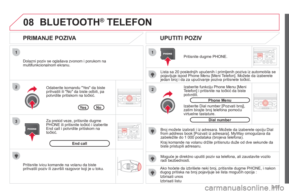 CITROEN JUMPER MULTISPACE 2013  Priručnik (in Serbian) 9.73
08
1
3 2
2 1Odaberite komandu "Yes" da biste
prihvatili ili "No" da biste odbili, pa
potvrdite pritiskom na točkić. 
 
 
PRIMANJE POZIVA    
UPUTITI POZIV 
 
 
Dolazni poziv se oglašava zvonom