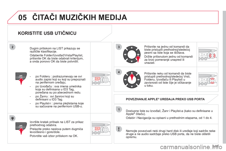 CITROEN JUMPER MULTISPACE 2013 Priručnik (in Serbian) 9.93
3
4
05
2
1
LISTREFRESH
LISTREFRESH
KORISTITE USB UTIČNICU
Izvršite kratak pritisak na LIST za prikaz prethodnog odabira.
Prelazite preko naslova putem du
gmića
levo/desno i gore/do CITROEN JUMPER MULTISPACE 2013 Priručnik (in Serbian) 9.93
3
4
05
2
1
LISTREFRESH
LISTREFRESH
KORISTITE USB UTIČNICU
Izvršite kratak pritisak na LIST za prikaz prethodnog odabira.
Prelazite preko naslova putem du
gmića
levo/desno i gore/do