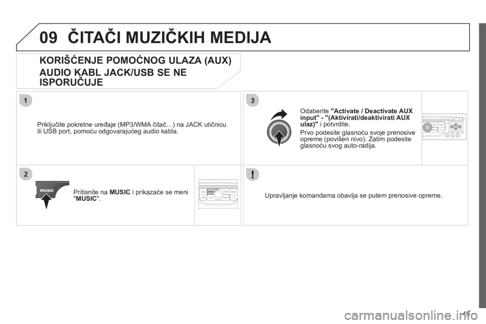 CITROEN JUMPER MULTISPACE 2013 Priručnik (in Serbian) 45
09ČITAČI MUZIČKIH MEDIJA
KORIŠĆENJE POMOĆNOG ULAZA (AUX)
AUDIO KABL JACK/USB SE NE
ISPORUČUJE
Priključite pokretne uređaje (MP3/WMA čitač…) na JACK utičnicu
ili USB port, po CITROEN JUMPER MULTISPACE 2013 Priručnik (in Serbian) 45
09ČITAČI MUZIČKIH MEDIJA
KORIŠĆENJE POMOĆNOG ULAZA (AUX)
AUDIO KABL JACK/USB SE NE
ISPORUČUJE
Priključite pokretne uređaje (MP3/WMA čitač…) na JACK utičnicu
ili USB port, po