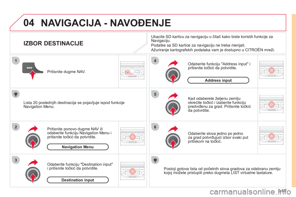 CITROEN JUMPER MULTISPACE 2012  Priručnik (in Serbian) 9.55
04
1
2
3
5
6
4
  NAVIGACIJA - NAVOĐENJE
 
 
 
 
 
 
 
 
 
 
 
 
 
 
 
IZBOR DESTINACIJE 
Pritisnite ponovo dugme NAV iliodaberite funkciju Navigation Menu i
pritisnite točkić da potvrdite. 
Od