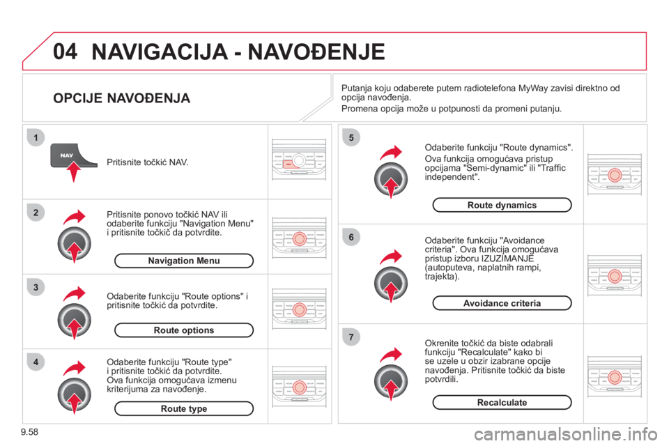 CITROEN JUMPER MULTISPACE 2012  Priručnik (in Serbian) 9.58
04
4
3
2
1
7
6
5
NAVIGACIJA - NAVOĐENJE 
 
 
OPCIJE NAVOĐENJA 
 
 Odaberite funkciju "Route dynamics". 
 
Ova funkcija omogućava pristup
opcijama "Semi-dynamic" ili "Trafﬁ c independent".
  