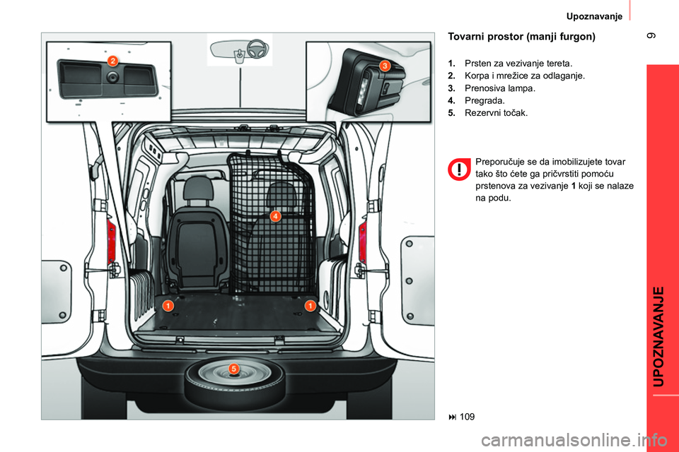 CITROEN NEMO 2014  Priručnik (in Serbian)  9
UPOZNAVANJE
Upoznavanje
 
 
Tovarni prostor (manji furgon) 
 
 
 
1. 
  Prsten za vezivanje tereta. 
   
2. 
  Korpa i mrežice za odlaganje. 
   
3. 
 Prenosiva lampa. 
   
4. 
 Pregrada. 
   
5. 