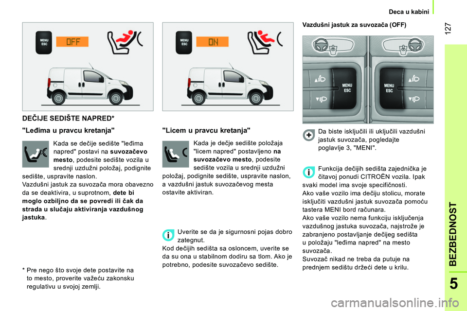 CITROEN NEMO 2014  Priručnik (in Serbian)  127
5
BEZBEDNOST
 
 
 
Deca u kabini  
 
 
 
 
 
 
 
 
 
 
DEČIJE SEDIŠTE NAPRED *  
 
 
"Leđima u pravcu kretanja" 
 
 
Kada se dečije sedište "leđima 
napred" postavi na  suvozačevo 
mesto 
