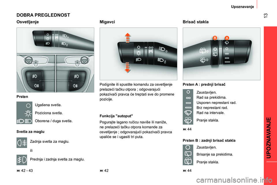 CITROEN NEMO 2014  Priručnik (in Serbian)  13
UPOZNAVANJE
Upoznavanje
 
DOBRA PREGLEDNOST 
 
 
Prsten 
  Ugašena svetla. 
  Poziciona svetla. 
  Oborena / duga svetla.  
   
Svetla za maglu 
  Zadnja svetla za maglu. 
  ili 
  Prednja i zadn