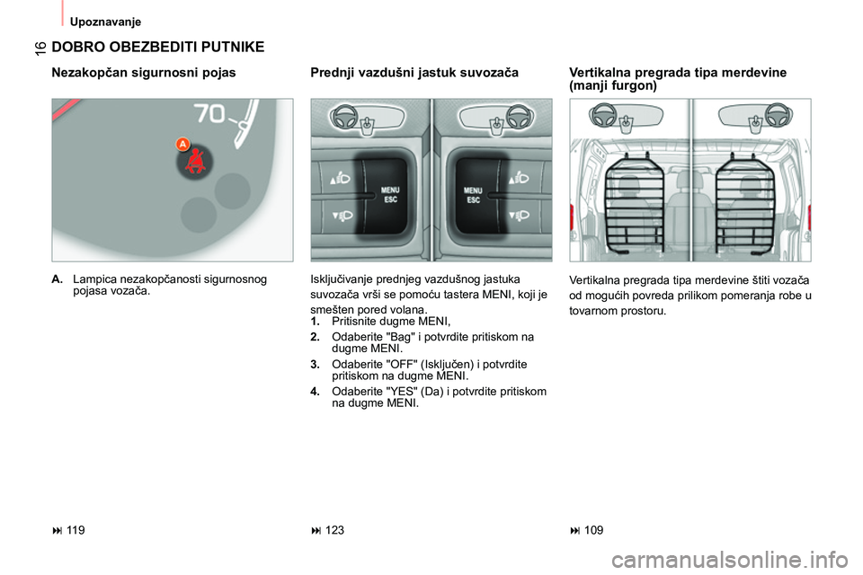 CITROEN NEMO 2014  Priručnik (in Serbian)  16
 
Upoznavanje 
 
DOBRO OBEZBEDITI PUTNIKE 
 
 
Nezakopčan sigurnosni pojas 
 
 
 
A. 
 Lampica nezakopčanosti sigurnosnog 
pojasa vozača.  
 
 
 
Vertikalna pregrada tipa merdevine 
(manji furg