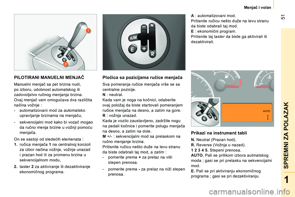 CITROEN NEMO 2014  Priručnik (in Serbian)  51
1
SPREMNI ZA POLAZAK
Menjač i volan
 
PILOTIRANI MANUELNI MENJAČ 
 
Manuelni menjač sa pet brzina nudi, 
po izboru, udobnost automatskog ili 
zadovoljstvo ručnog menjanja brzina. 
  Ovaj menja