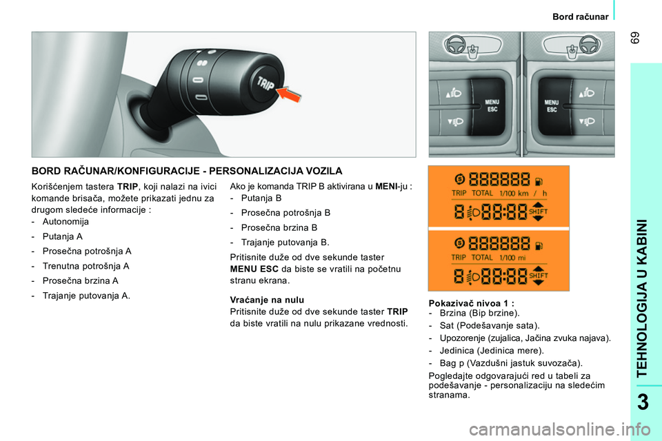 CITROEN NEMO 2014  Priručnik (in Serbian)  69
3
TEHNOLOGIJA U KABINI
 
 
 
Bord računar  
 
 
BORD RAČUNAR/KONFIGURACIJE - PERSONALIZACIJA VOZILA 
 
Ako je komanda TRIP B aktivirana u  MENI- ju : 
   
 
-  Putanja B 
   
-  Prosečna potro