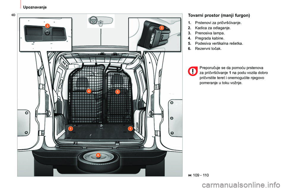 CITROEN NEMO 2014  Priručnik (in Serbian)  8
 
Upoznavanje 
 
Tovarni prostor (manji furgon) 
 
 
 
1. 
  Prstenovi za pričvršćivanje. 
   
2. 
  Kadica za odlaganje. 
   
3. 
 Prenosiva lampa. 
   
4. 
 Pregrada kabine. 
   
5. 
  Podesiv
