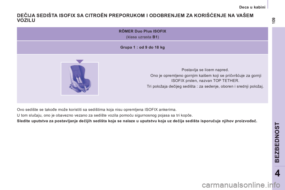 CITROEN NEMO 2013  Priručnik (in Serbian)    
 
Deca u kabini  
 
BEZBEDNO
ST
4
 
 
 
RÖMER Duo Plus ISOFIX    
(klasa uzrasta  B1 
)  
   
 
Grupa 1 : od 9 do 18 kg  
 
 
 
 
 
 
 
Postavlja se licem napred.  
 Ono je opremljeno gornjim kai