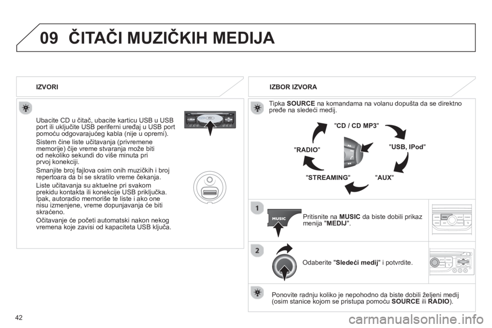 CITROEN NEMO 2013 Priručnik (in Serbian) 42
09ČITAČI MUZIČKIH MEDIJA
Ubacite CD u čitač, ubacite karticu USB u USB port ili uključite USB periferni uređaj u USB portpomoću odgovarajućeg kabla (nije u opremi).
Sistem čine lis CITROEN NEMO 2013 Priručnik (in Serbian) 42
09ČITAČI MUZIČKIH MEDIJA
Ubacite CD u čitač, ubacite karticu USB u USB port ili uključite USB periferni uređaj u USB portpomoću odgovarajućeg kabla (nije u opremi).
Sistem čine lis