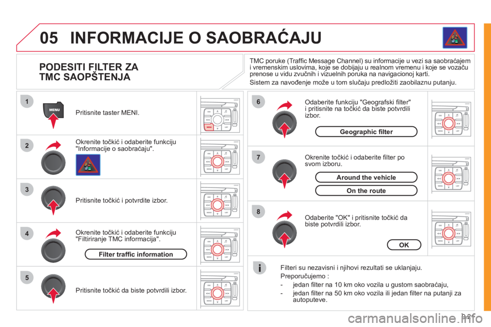 CITROEN NEMO 2012 Priručnik (in Serbian) 9.21
05
1
2
3
5
6
7
8
4
INFORMACIJE O SAOBRAĆAJU
PODESITI FILTER ZA
TMC SAOPŠTENJA
Okrenite točkić i odaberite funkciju"Informacije o saobraćaju". Priti
snite taster MENI CITROEN NEMO 2012 Priručnik (in Serbian) 9.21
05
1
2
3
5
6
7
8
4
INFORMACIJE O SAOBRAĆAJU
PODESITI FILTER ZA
TMC SAOPŠTENJA
Okrenite točkić i odaberite funkciju"Informacije o saobraćaju". Priti
snite taster MENI