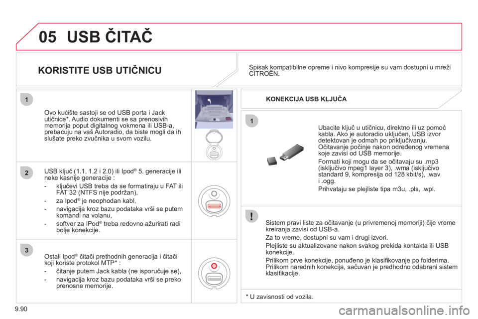 CITROEN NEMO 2012 Priručnik (in Serbian) 9.90
05
1
1
2
3
USB ČITAČ
Sistem pravi liste za očitavanje (u privremenoj memoriji) čije vreme
kreiranja zavisi od USB-a.
Za to vreme, dostupni su vam i dru
gi izvori.
Ple
jliste su ak CITROEN NEMO 2012 Priručnik (in Serbian) 9.90
05
1
1
2
3
USB ČITAČ
Sistem pravi liste za očitavanje (u privremenoj memoriji) čije vreme
kreiranja zavisi od USB-a.
Za to vreme, dostupni su vam i dru
gi izvori.
Ple
jliste su ak