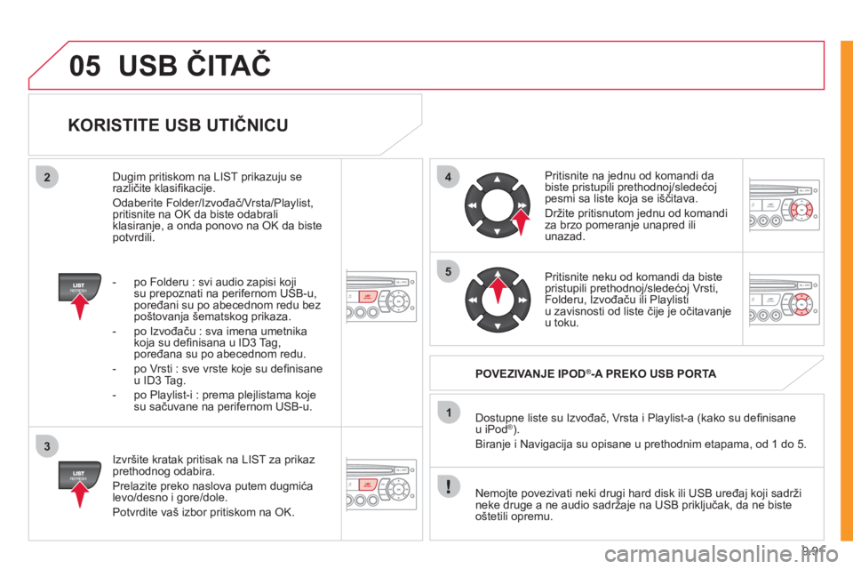 CITROEN NEMO 2012 Priručnik (in Serbian) 9.91
05
42
3
1
5
USB ČITAČ
KORISTITE USB UTIČNICU
Izvršite kratak pritisak na LIST za prikaz prethodnog odabira.
Prelazite preko naslova putem du
gmića
levo/desno i gore/dole.
Potv CITROEN NEMO 2012 Priručnik (in Serbian) 9.91
05
42
3
1
5
USB ČITAČ
KORISTITE USB UTIČNICU
Izvršite kratak pritisak na LIST za prikaz prethodnog odabira.
Prelazite preko naslova putem du
gmića
levo/desno i gore/dole.
Potv