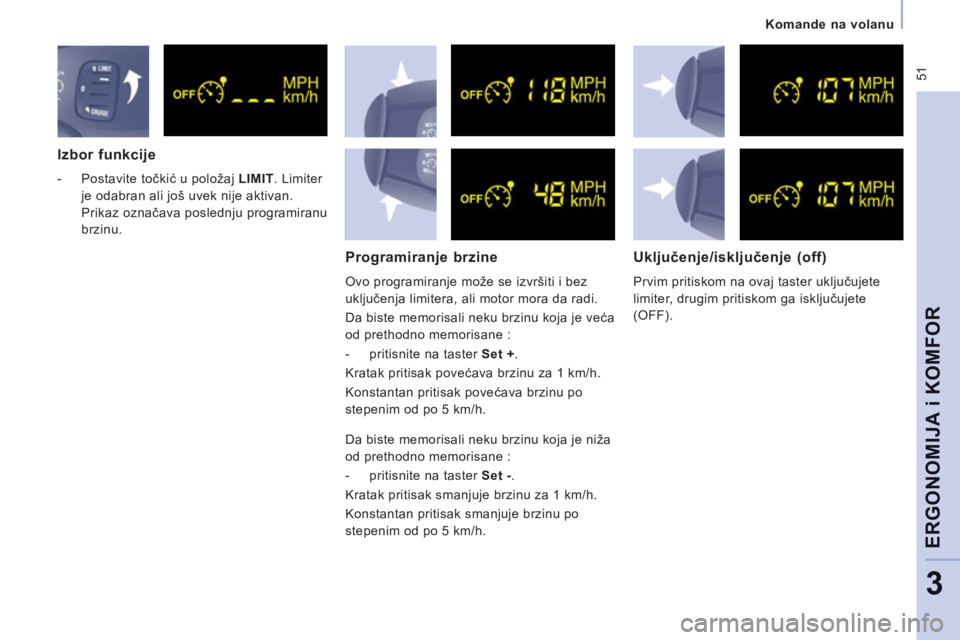 CITROEN NEMO 2012  Priručnik (in Serbian)  51
   
 
Komande na volanu  
 
ERGONOMIJA i KOMFOR
3
 
 
Izbor funkcije
 
 
 
-  Postavite točkić u položaj  LIMIT 
. Limiter 
je odabran ali još uvek nije aktivan. 
Prikaz označava poslednju pr