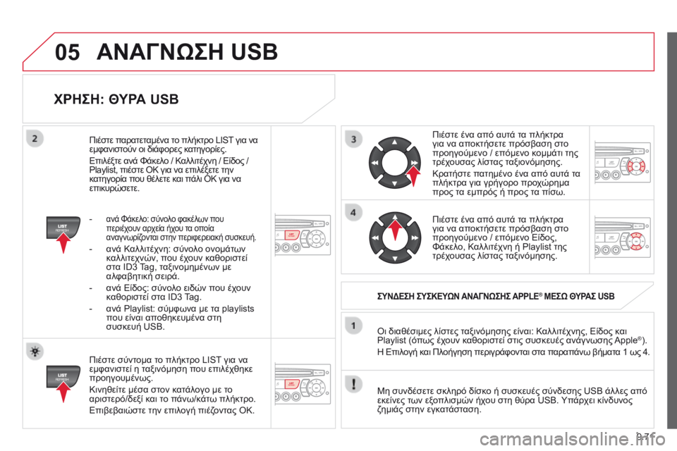 CITROEN BERLINGO MULTISPACE 2014  ΟΔΗΓΌΣ ΧΡΉΣΗΣ (in Greek) 9.71
05
  ΧΡΗΣΗ: ΘΥΡΑ USB 
  Πιέστε σύντομα το πλήκτρο LIST για να εμφανιστεί η ταξινόμηση που επιλέχθηκε προηγουμένως CITROEN BERLINGO MULTISPACE 2014  ΟΔΗΓΌΣ ΧΡΉΣΗΣ (in Greek) 9.71
05
  ΧΡΗΣΗ: ΘΥΡΑ USB 
  Πιέστε σύντομα το πλήκτρο LIST για να εμφανιστεί η ταξινόμηση που επιλέχθηκε προηγουμένως