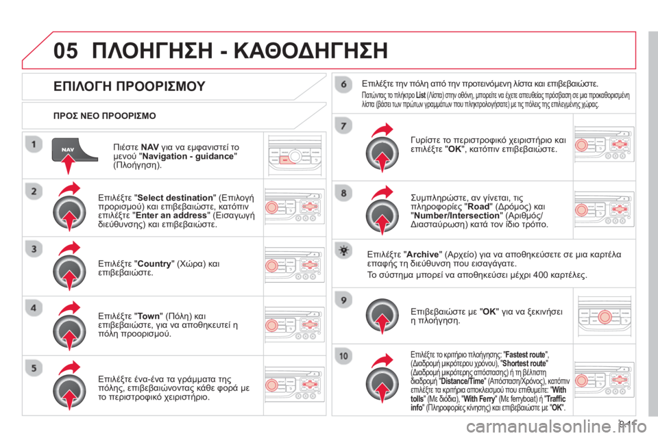 CITROEN BERLINGO MULTISPACE 2013  ΟΔΗΓΌΣ ΧΡΉΣΗΣ (in Greek) 9.11
05
Πιέστε NAV  για να εμφανιστεί το
μενού "  Navigation - guidance " (Πλοήγηση).
  
ΠΡΟΣ ΝΕΟ ΠΡΟΟΡΙΣΜΟ  
ΠΛΟΗΓΗΣΗ
 - ΚΑΘΟΔΗΓΗΣ