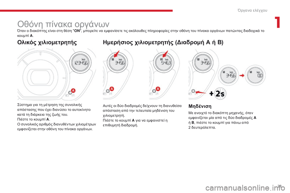 CITROEN C-ZERO 2017 ΟΔΗΓΌΣ ΧΡΉΣΗΣ (in Greek) 21
C-Zero_el_Chap01_instruments-de-bord_ed01-2016
όθόνη πίνακα οργάνωνΌταν ο διακόπτης είναι στη θέση "ON", μπορείτε να εμφανίσετ CITROEN C-ZERO 2017 ΟΔΗΓΌΣ ΧΡΉΣΗΣ (in Greek) 21
C-Zero_el_Chap01_instruments-de-bord_ed01-2016
όθόνη πίνακα οργάνωνΌταν ο διακόπτης είναι στη θέση "ON", μπορείτε να εμφανίσετ